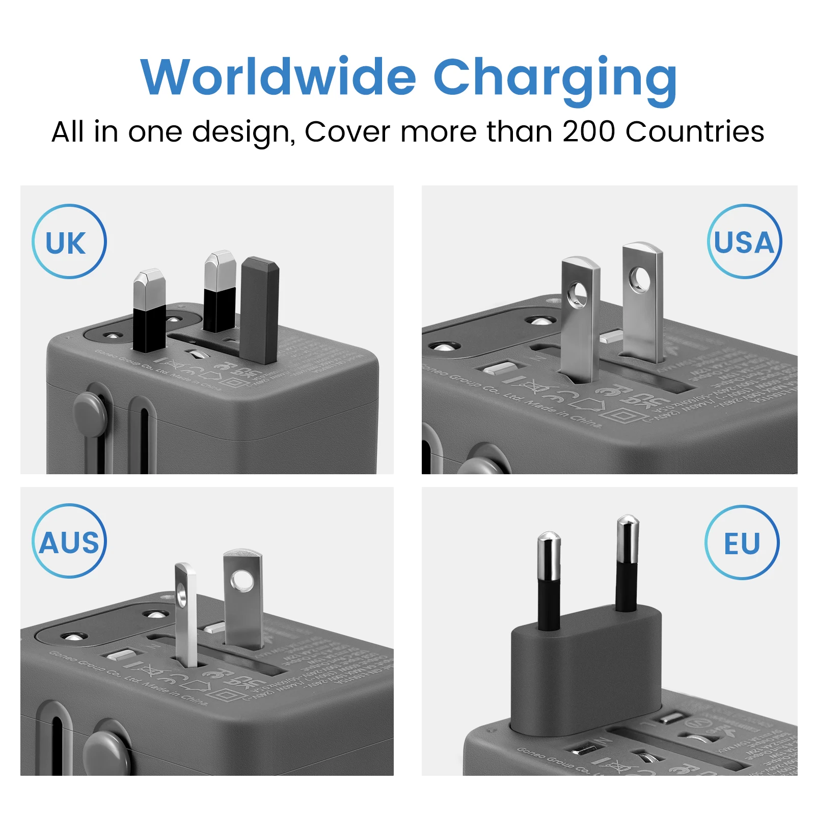 Goneo 15W/20W Universal Travel Adapter with 2 AC 1 USB-C 1 USB-A Socket AC EU US UK AUS Standard