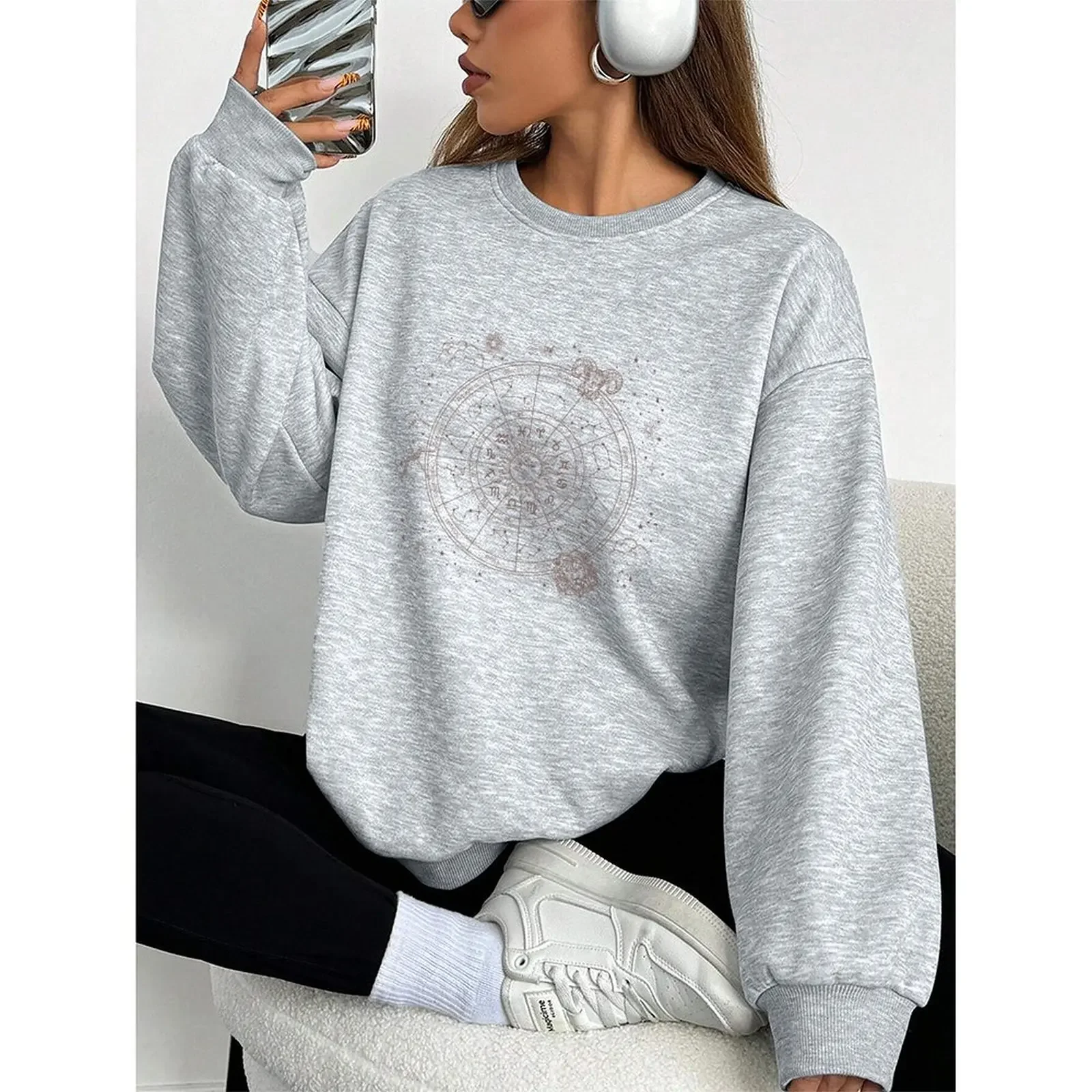 

Round Neck Woman Sweatshirt Velvet Winter Tops Casual Printed Pattern Boho Print Pullovers Sweater Autumn Women's Clothing