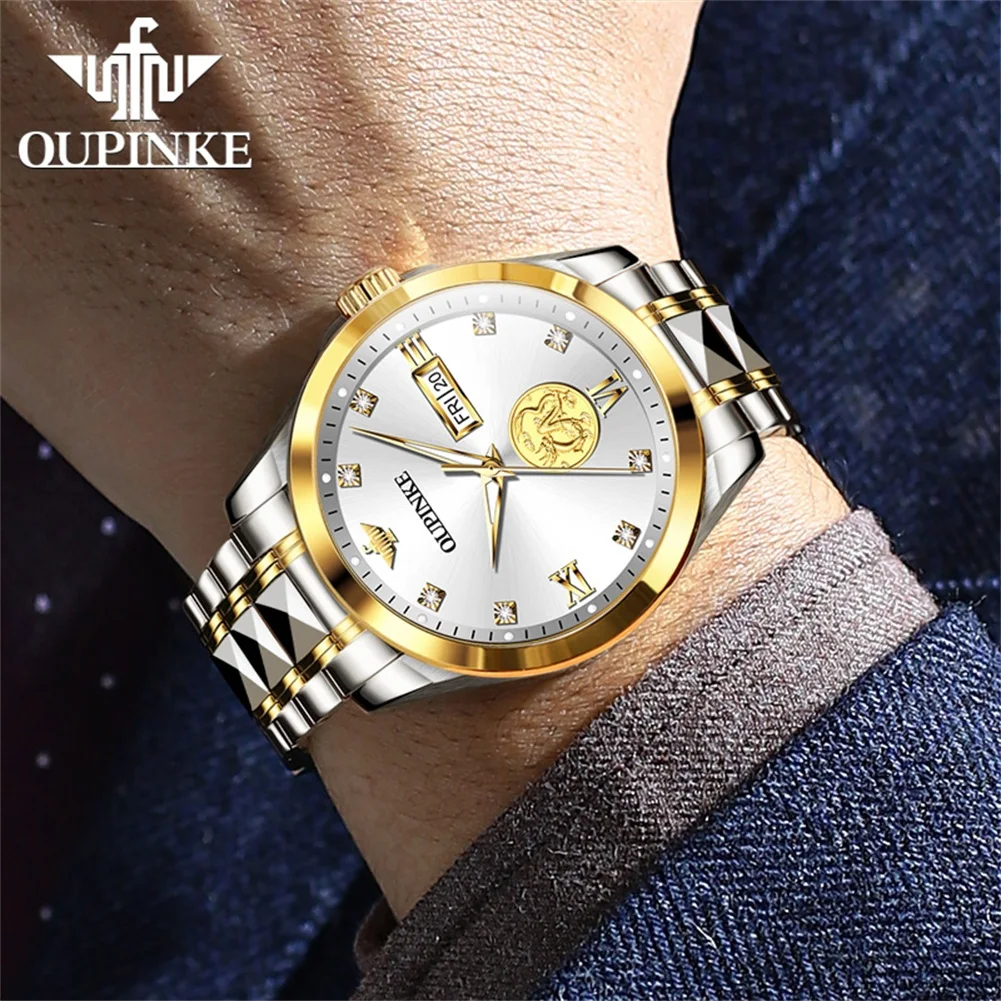 OUPINKE 3259 Dual Calendar Luxury Mechanical Hand Clock Deep Waterproof Automatic Watch For Men Luminous Stainless Steel Watches