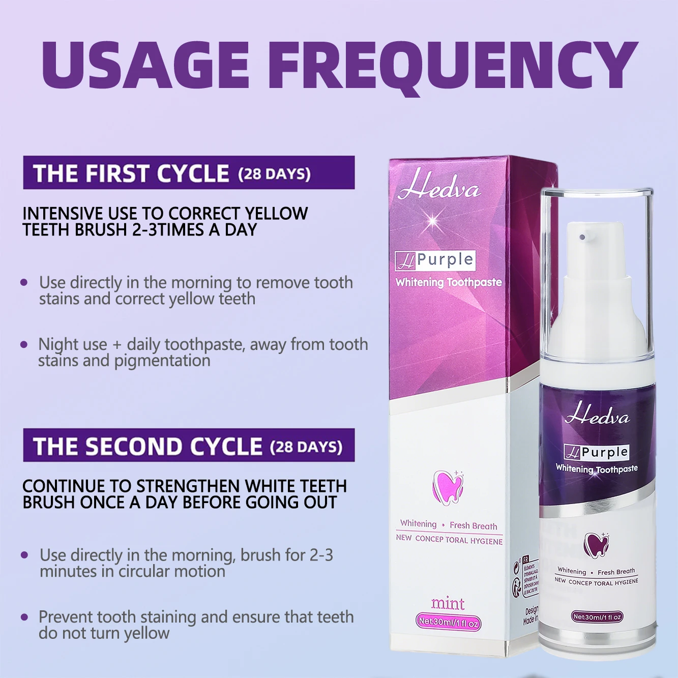 Hedva Teeth Whitening Toothpaste, Purple Fluoride-Free Toothpaste, Tooth Color Correction Cream, Fresh Breath Mint Flavor, New T