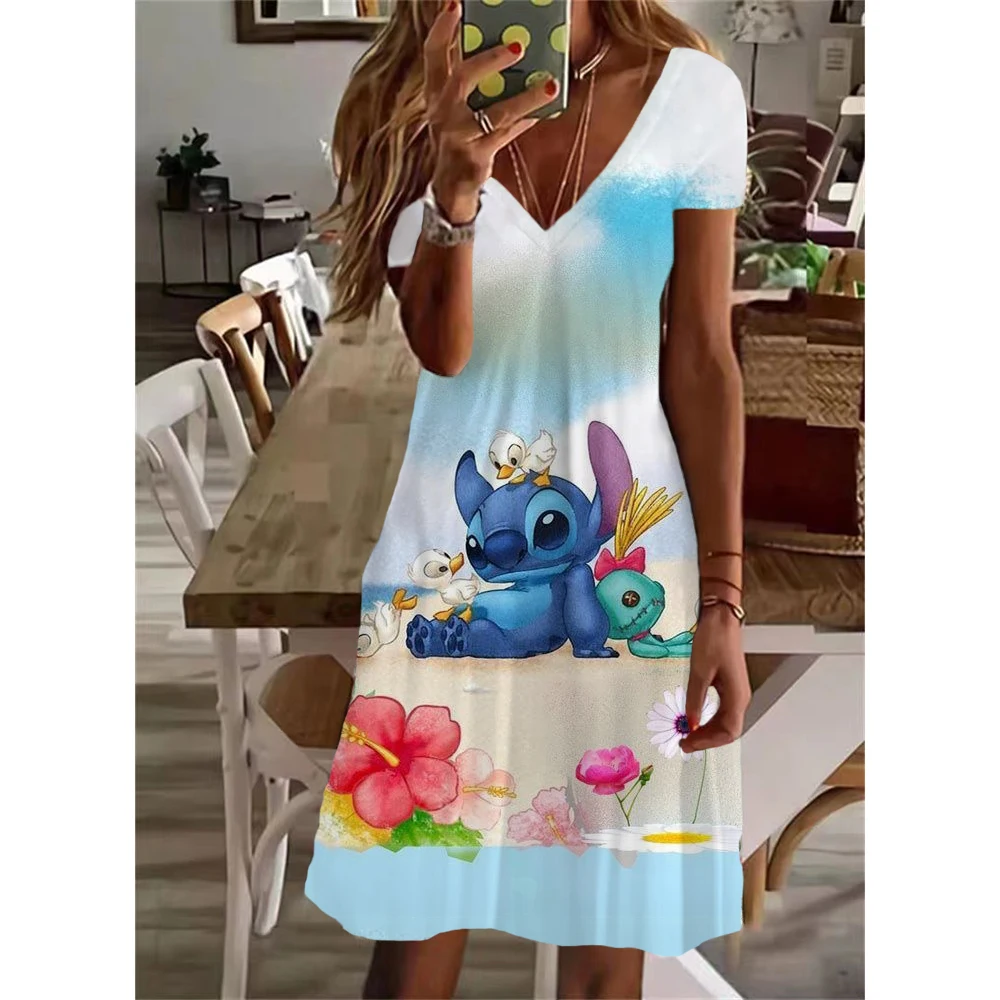 2024 Summer Women\'s Disney\'s Lilo & Stitch Print Dress Knee Length V Neck Female Casual Elegant Dress Fashionable Design New Y2K