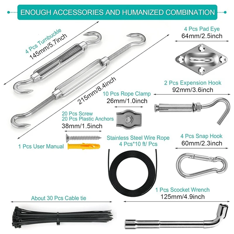 Kit hardware per vela parasole Cavo di prolunga in acciaio inossidabile 304 Hardware per montaggio su tenda rettangolare triangolare per esterni