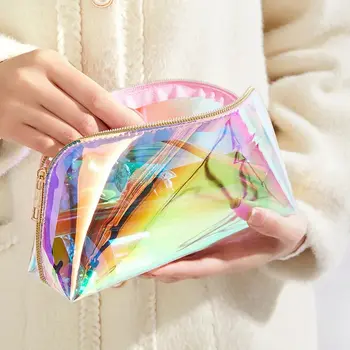 (1 pièces) sac de maquillage coréen Laser coque TPU Transparent étanche éblouissant coloré sac de lavage changement sac de rangement de rouge à lèvres