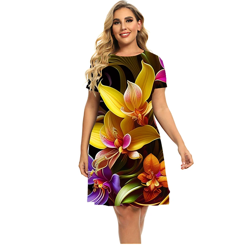 Roślina kwiaty Morning Glory 3D Print kobiety sukienka elegancka Casual krótki Sleee sukienka trapezowa 2023 lato odzież Plus Size Sundress