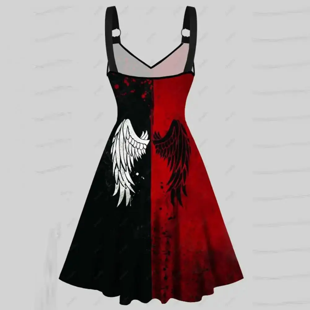 

Women Midi Dress Stunning Halloween Cosplay Dresses A-line Ruffle Wing Print Costumes for Women with Sexy V-neck Hem for Summer