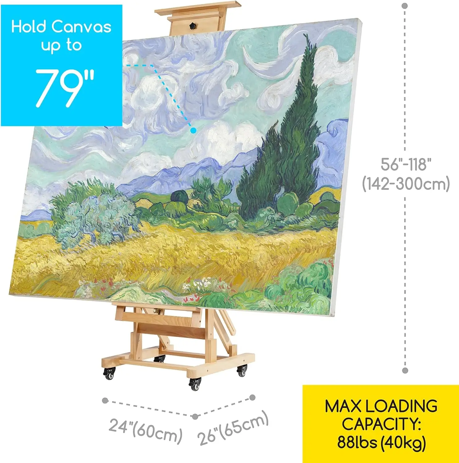 Movable Large H-Frame Painting Easel - Artist Studio Easel - Heavy Duty Art Easel Stand for Adults, Solid Beech Wood Ease