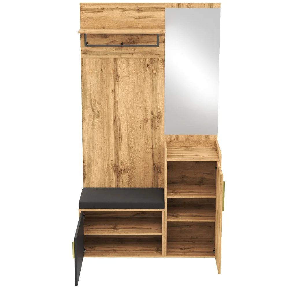PINGGO Kompakter Kleiderschrank mit Spiegel und Sitzfläche, Kleiderschrank mit Schuhregal und Haken, kompakter Kleiderschrank, der an der Wand bohren muss – Detail 12