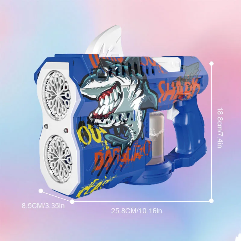 O popular brinquedo americano, a versão Glowing Shark da pistola de bolhas de cano duplo com um focinho de bolhas brilhante, é adequado para
