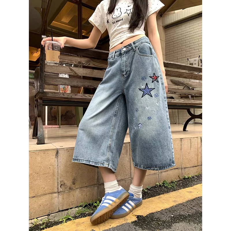 

YIBASHU Summer Women American Retro Embroidery Blue Jean Shorts Y2K 2000s Harajuku Denim Seven-Foot Pants Streetwear High Street