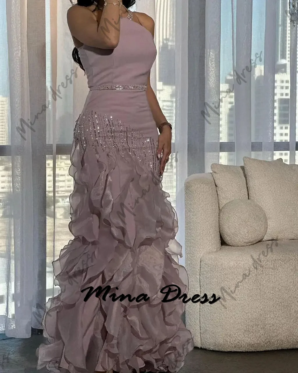 

Mina Customized Backless Elegant Party Dresses 2024 for Wedding Dress Es Sleeveless Transparent Shoulder Strap Sequins Ruffles