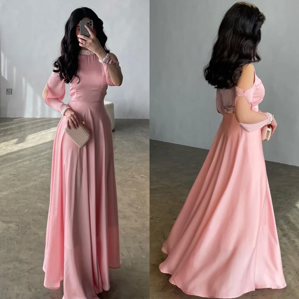 Baile de noche personalizado Arabia Saudita satén rebordear celebridad A-line cuello alto vestido de ocasión a medida largo es