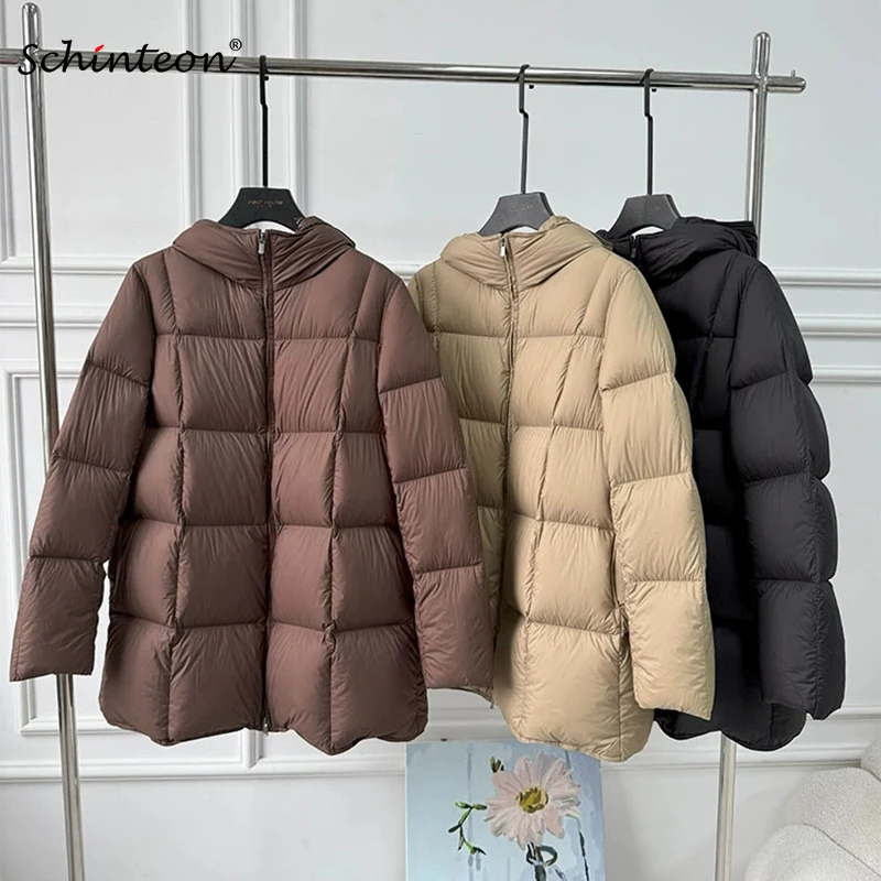 Schinteon Women's 90% Down Jacket with Hood Casual Loose Warm Autumn Winter Outwear High Quality Thick Coat Solid Color 2025 New
