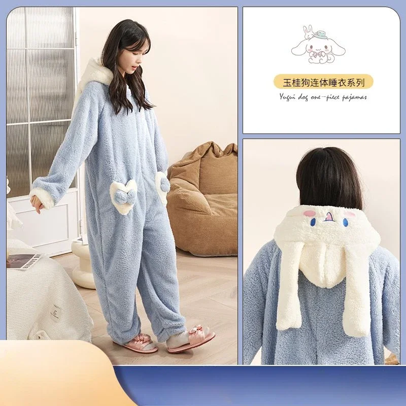 Sanrio Pajamas Flannel Women Warm Winter Sleepwear Fluffy Jumpsuits Anime Onesies Adults Cartoon Overalls Thicken Homewear Girls