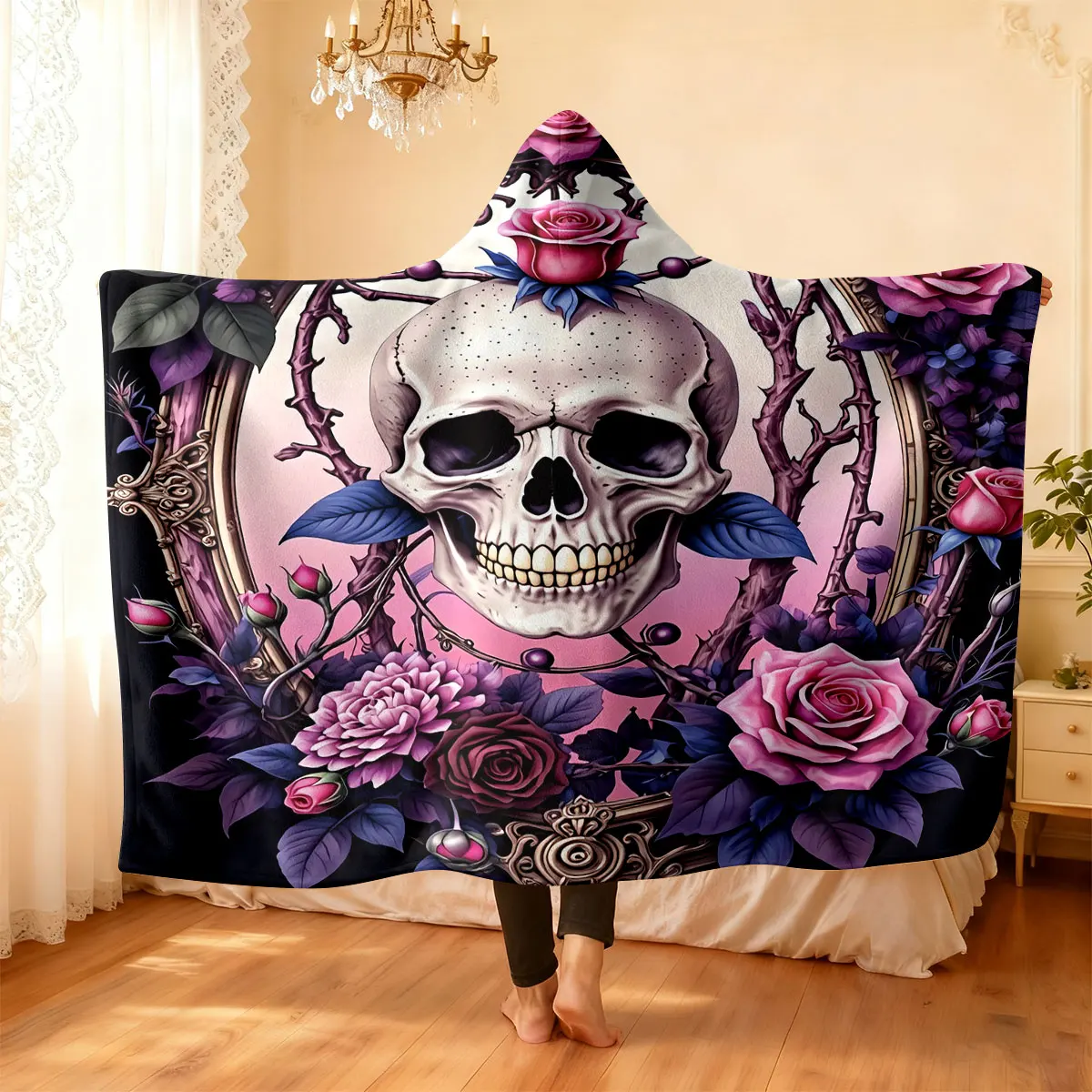 1pc Gothic Skull Rose Printed Hat Blanket Flannel Hoodie Wearable Cape Blanket Soft and Casual, Can Be Washed