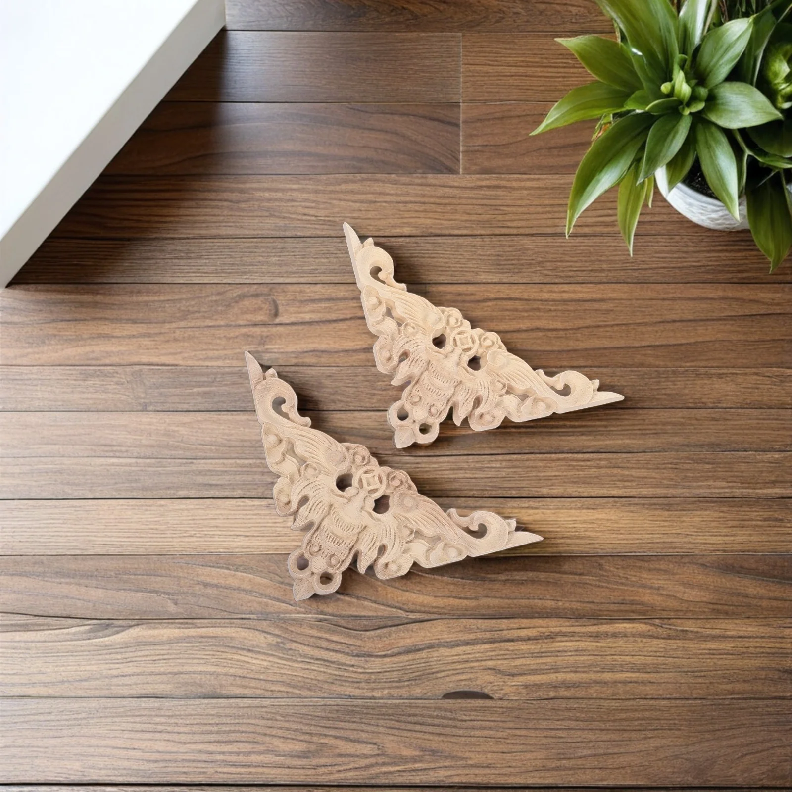 

2Pcs Solid Wood Carved Corner Onlay: Elegant European Style Wooden Flower Appliques for Ceiling Mantel Frame Cabinet Unpainted