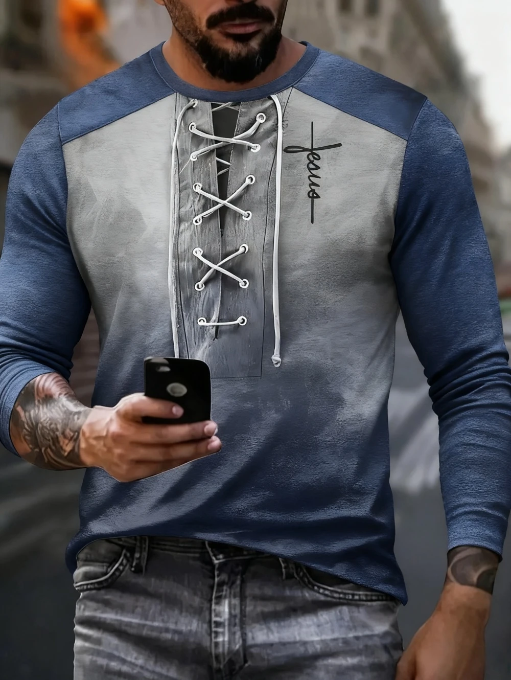 تي شيرت للرجال فو الرباط ثلاثية الأبعاد طباعة الرجال كم طويل تي شيرت الخريف طاقم الرقبة تي شيرت كبير الحجم الصليب طباعة قميص ملابس للرجال