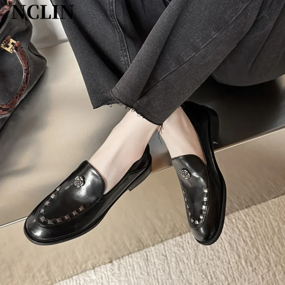 

NCLIN Loafers Women 2025 New Spring Round Toe One Foot Slip-on Shoes Women Genuine Leather Soft Flats Shoes Women