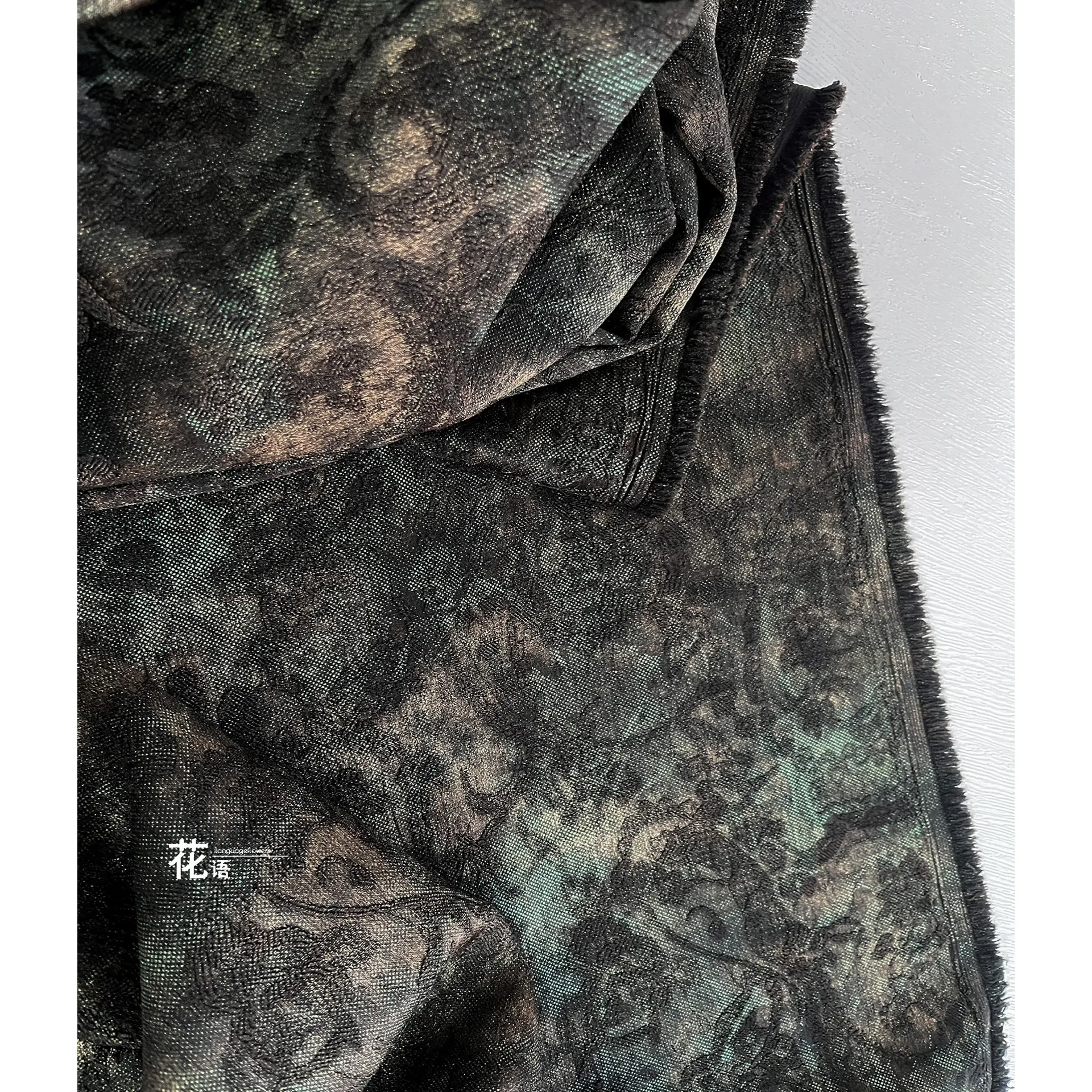 Green Patina Paisley Jacquard Designer Fabric Vintage Texture for Jackets, Custom Apparel and Creative Projects