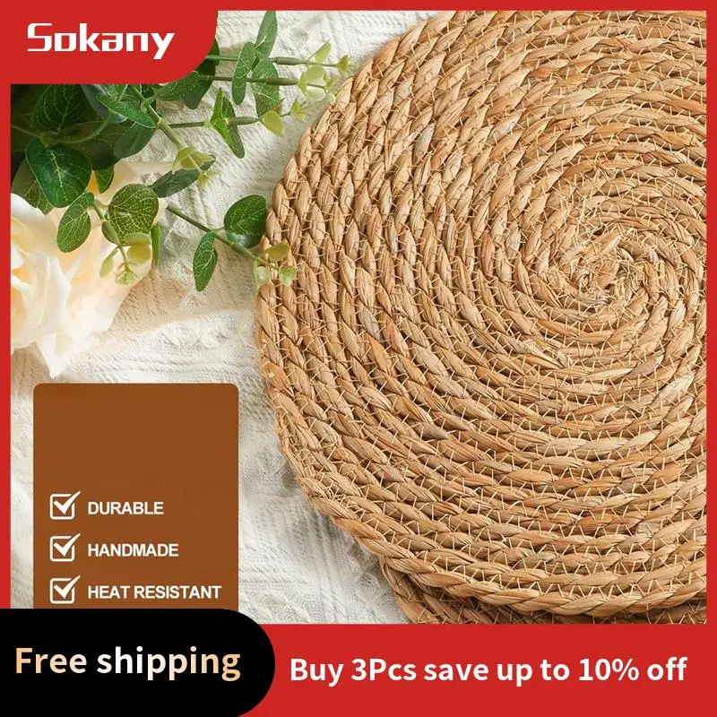 

A59E-Round Woven Placemats Set Of 10, 12 Inch Boho Rattan Placemats Hand-Woven Placemats, For Dining Table,Home,Wedding