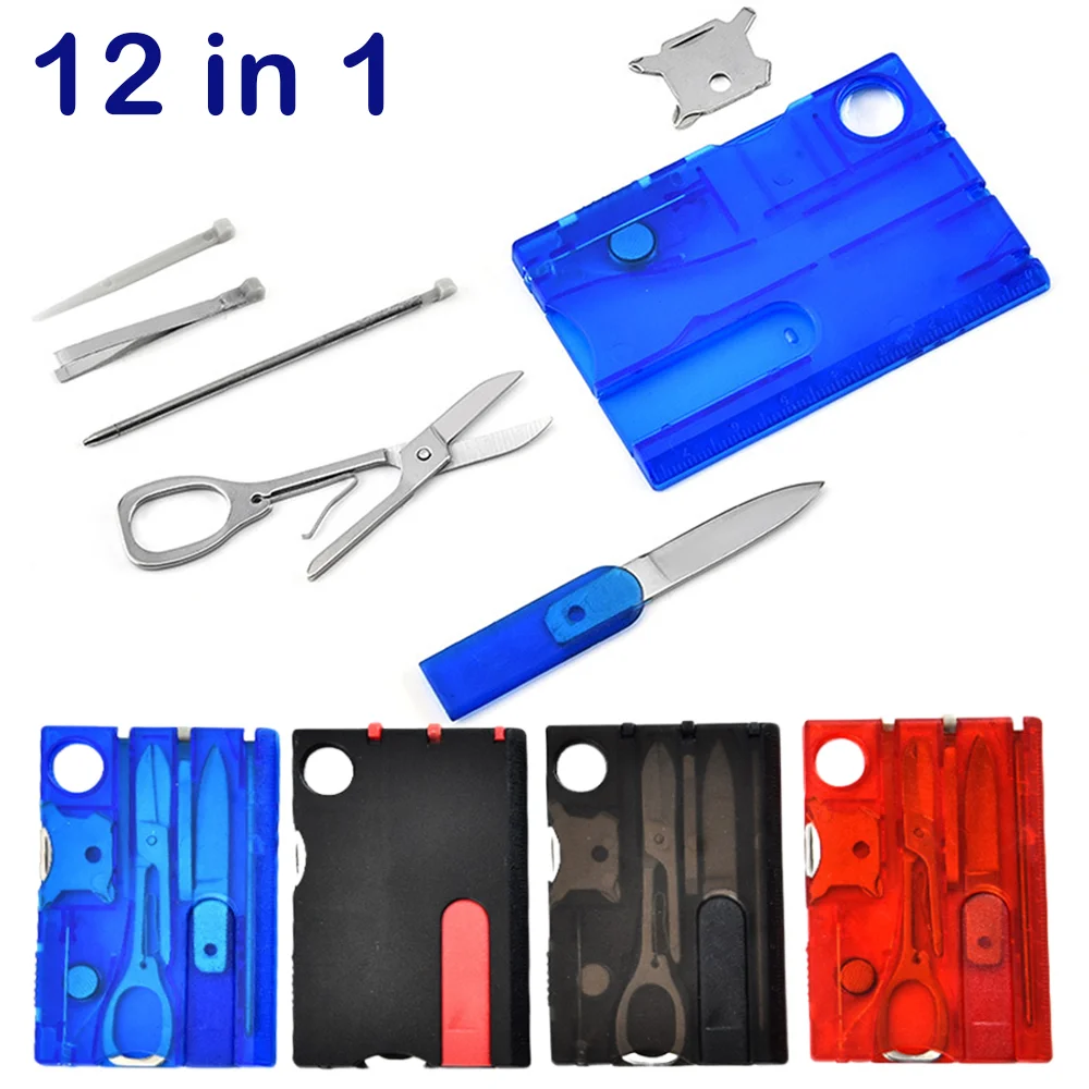 12 in 1 Camping Knife Multi Tool Card Mini Pocket Survival Card Outdoor Camping Portable Multifunctional Gadget Tool with Lamp