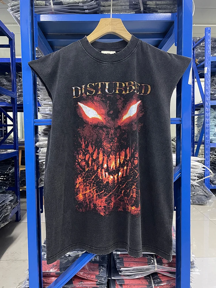 

K Sle High Street Винтаж Disturbed Band Мужской жилет-конверт Модная повседневная свободная круглая футболка Ne для молодежи