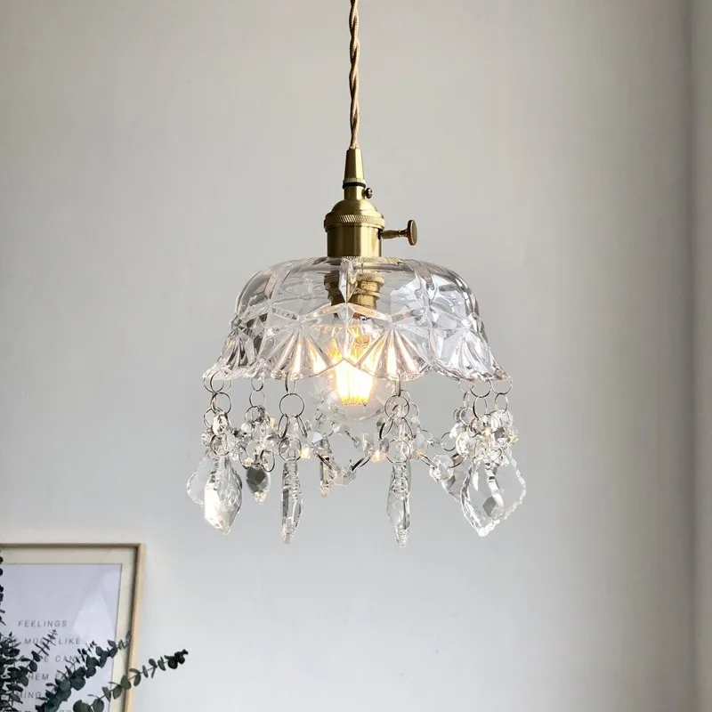 

Retro brass glass small pendant light Simple modern bedside balcony crystal light aisle hallway corridor lamp