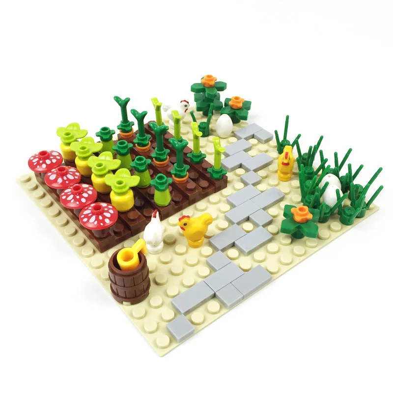 MOC scene Pumpkin field chicken nest turtle fish pond chicken farm DIY assembling small particle building blocks