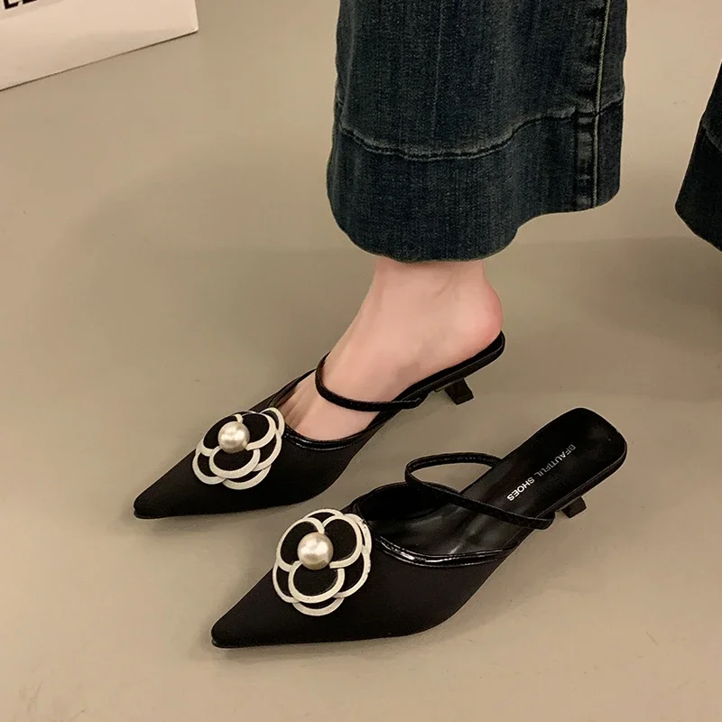 

Летние удобные повседневные тапочки на тонком каблуке с цветочным принтом, новые модные элегантные женские тапочки больших размеров на высоком каблуке