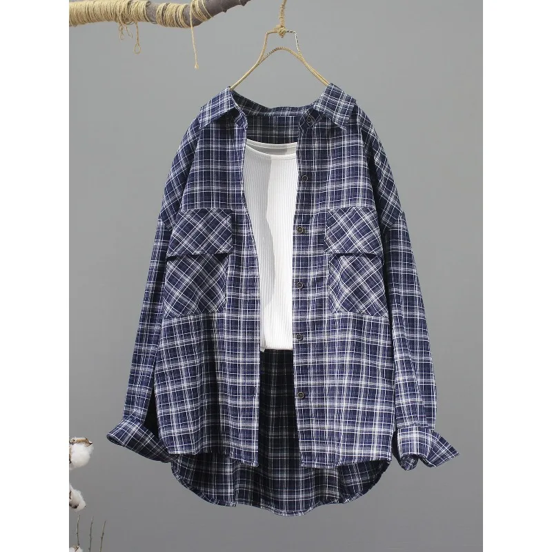 SuperAen Polo-neck Plaid Loose Long-sleeved Shirt for Women Casual Single Breasted 2026 Spring and Autumn New Shirts