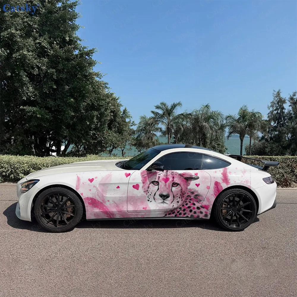 

2pcs Pink Heart Cheetah Car Side Wraps, Self-Adhesive PVC Waterproof & Scratch-Resistant Stickers, Car Accessory Gift
