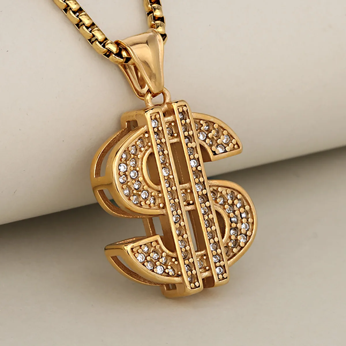 

US Dollar Symbol Stainless Steel Diamond-Studded Domineering Pendant Necklace for Men and Women, Street Fashion