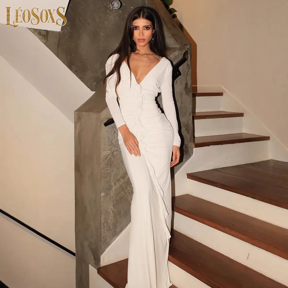 

LEOSOXS 2025 Women Celebrity Sexy Long Sleeve V Neck Flower White Maxi Long Gowns Dress Elegant Evening Party Club Vestido