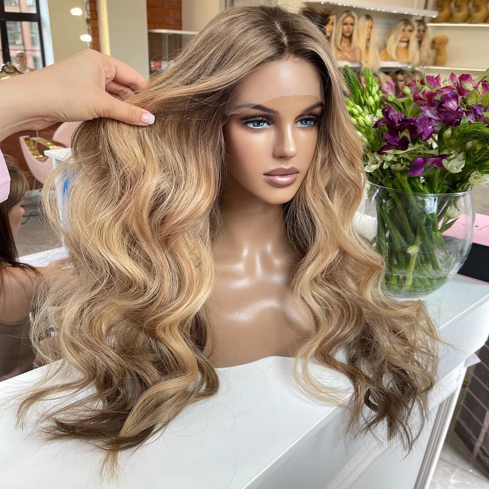 

Синтетический парик Honey Highlights Blonde с темными корнями, длинный волнистый, термостойкий, с кружевной передней частью, для косплея, без эффекта блеска