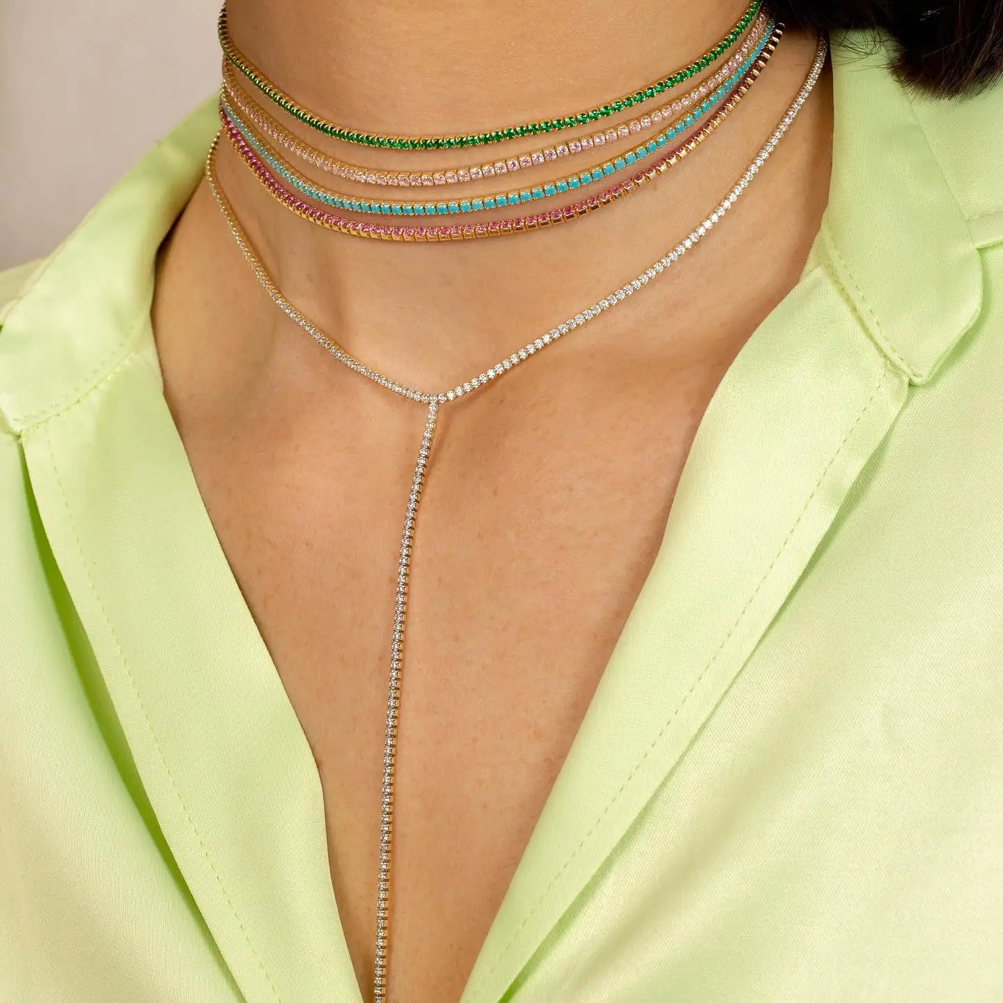 Fashion Iced Out Bling 2MM Slim CZ Tennis Chain Long Sexy Women Y Lariat Necklace Gold Plated Multi Colors