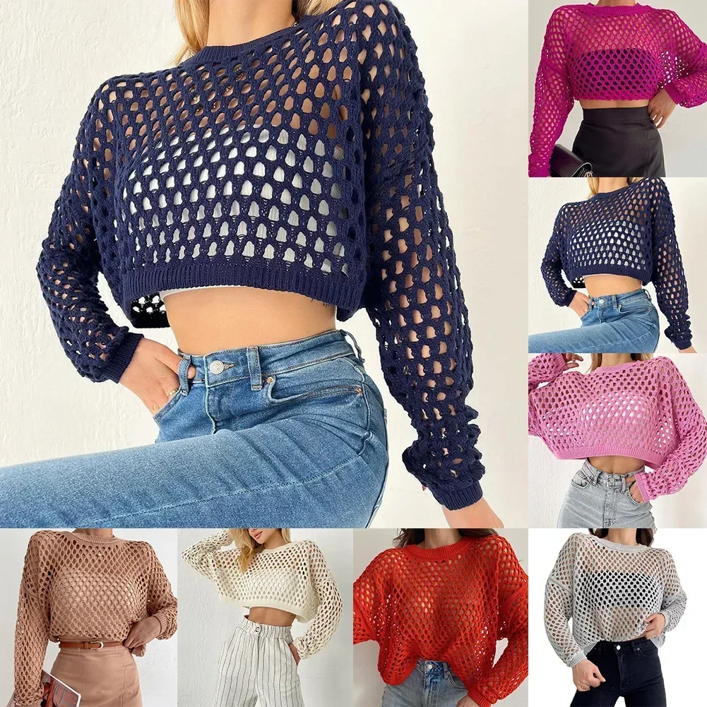 Women Mesh Fishnet Crop Tops Long Sleeve Crew Neck Sexy Hollow Out Loose Shirts Short Knit Flared Sleeve Casual Y2k Pullover