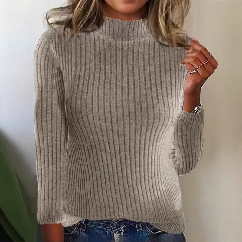 

Fashion Warm Knitwears Sweater Autumn Winter Women Long Sleeve Knitted Half High Collar Bottoming Solid Pullovers Stripe Sweater