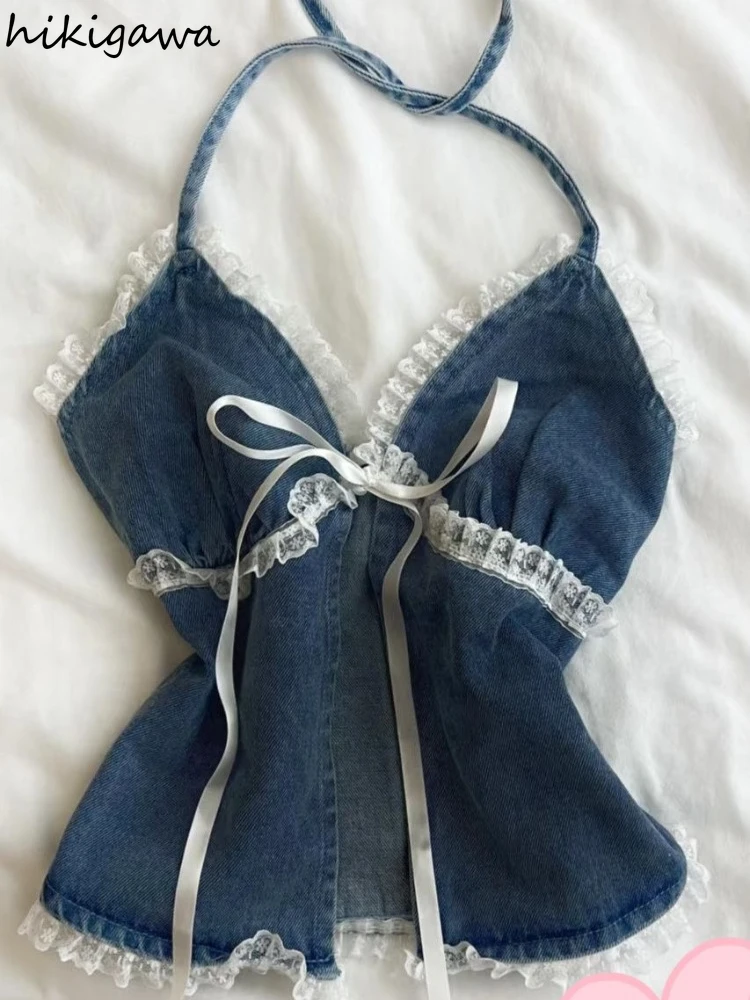 

Denim Tanks Women Clothing Sleeveless Slim Waist Tees Patchwork Lace Fashion Sexy Vest Crop Tops Casual Fashion Korean Camis