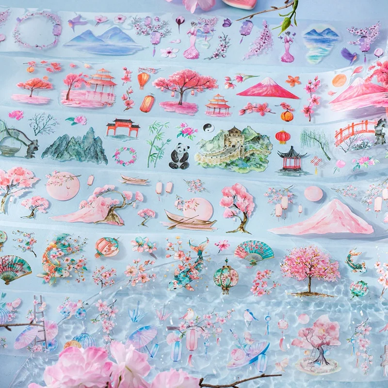 Paket 6 Gulungan - Set Stiker Pita Bertema Arsitektur Bunga Sakura - Seri Lagu Cinta Bunga Sakura - Tahan Air, Potongan Bentuk Bunga Sakura, Perekat Sendiri - Cocok untuk Scrapbooking, Junk Journal, dan Stiker Kolase Planner