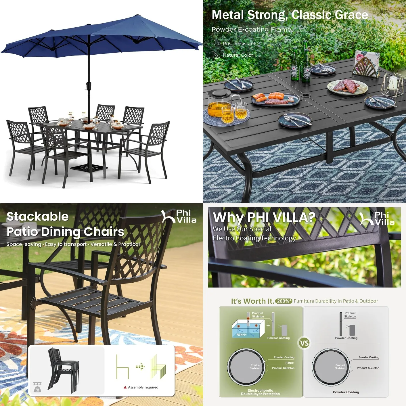 

8pc Patio Dining Set 13ft Double Umbrella Metal Table 6 Stackable Chairs Outdoor, Customized
