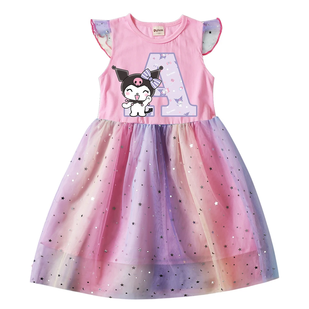 Neue Kuromis drucken Kinder Brief a b c d Kleider Mädchen Prinzessin Cartoons Mädchen Kleid Freizeit kleidung Gaze Kind Baby Mode Geschenke