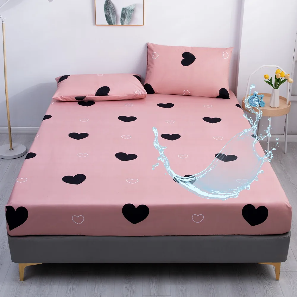 1 Piece of Pink lovely Heart pattern Waterproof Bedsheet, Bedroom Printed Bedspread, Bedding (Excluding Pillowcase)