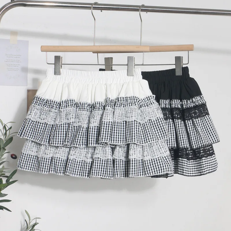 

Multi-layer Lace Splicing Plaid Cake Skirt Female Summer High Waist Spice Girl Short Skirt