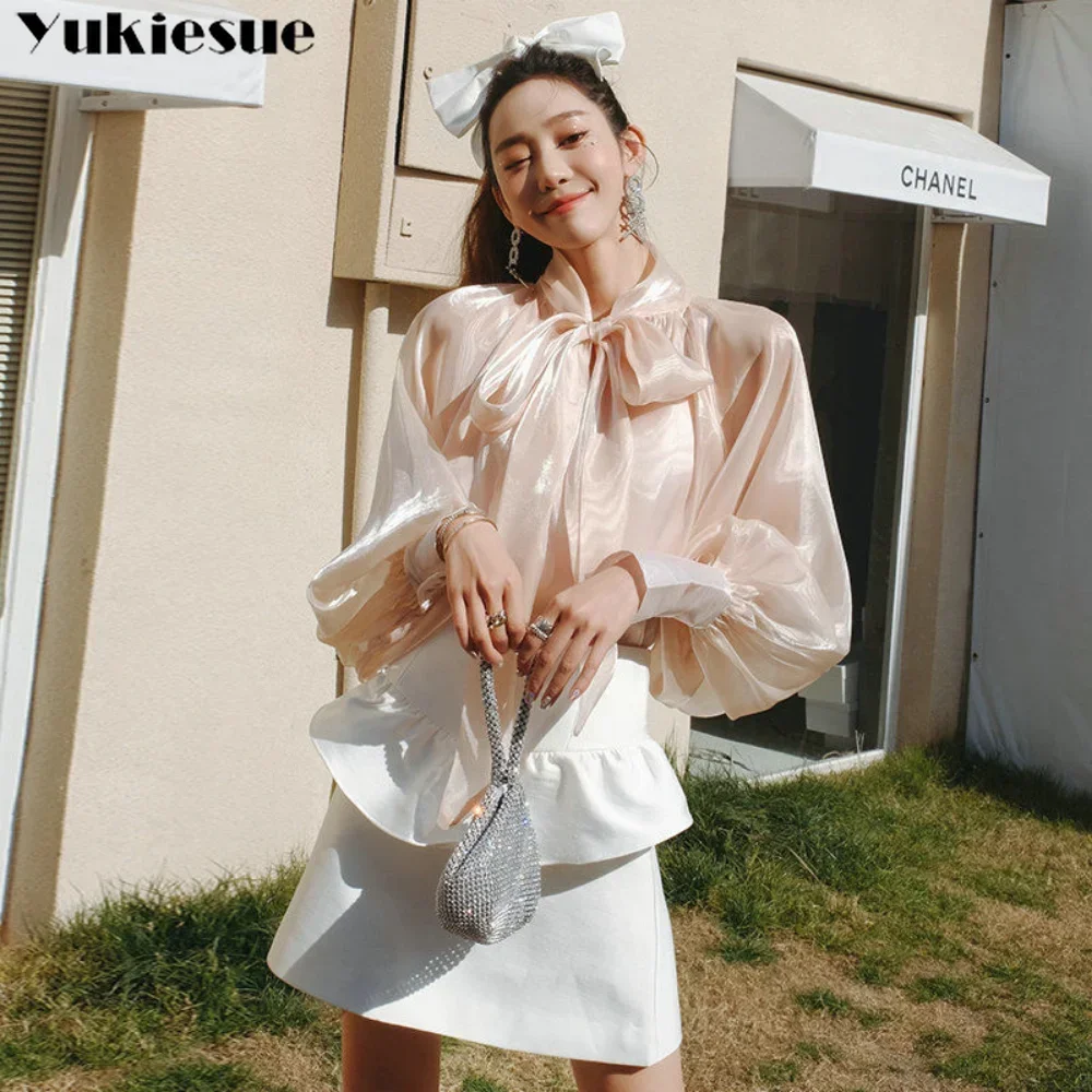 Spring Autumn Women Fashion Tops New Shirts Lantern Sleeve Stand Collar Solid Casual Vintage Elegant Temperament Long-Sleeved