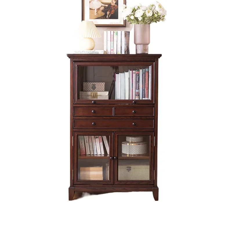 American all-solid wood wine cabinet, retro TV side high display cabinet , European glass door shelf against