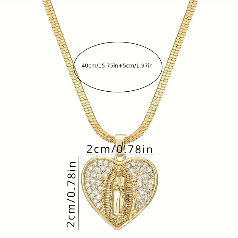 1pc Mary Pattern Heart Shaped Pendant Necklace, with Golden Stainless Steel Flat Chain, Versatile Necklace for Men Women