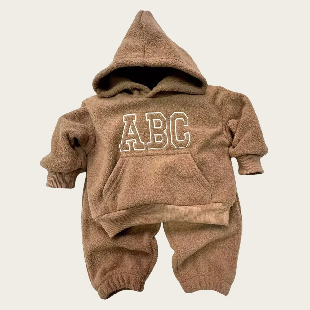 2Pcs Autumn Letter Print Toddler Infant Hooded Tops Coat and Trousers Solid Add Fleece Thicken Baby Outfit Sets