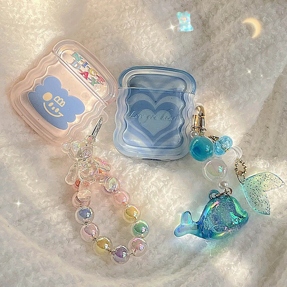 Transparent Wavy Soft IMD Case For Apple Airpods Pro 1 2 3 Box Blue Heart Smile Earphone Cover Cute Bear Pendant Candy Bracelet