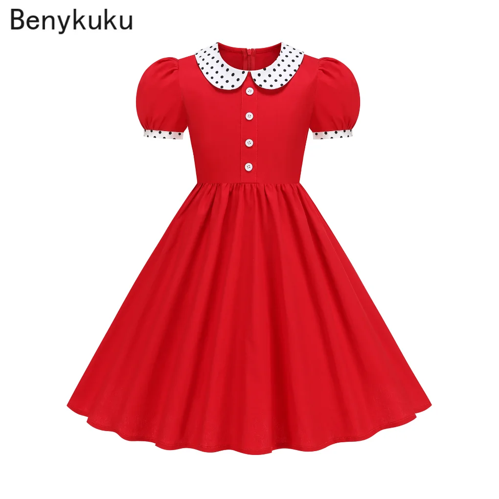 Vestido Infantil com Estampa de Poá e Gola Peter Pan, Vestido de Verão com Mangas Bufantes, Estilo Vintage dos Anos 50, Vestidos Casuais para Escola e