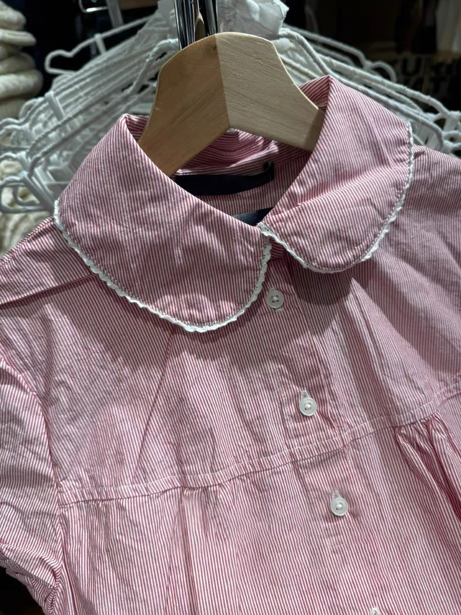 Rood Gestreepte Slanke Korte Mouw Blouse Dames Kanten Afwerking Peter Pan Kraag Single Breasted Blouses Preppy Stijl Zoete Casual Shirts