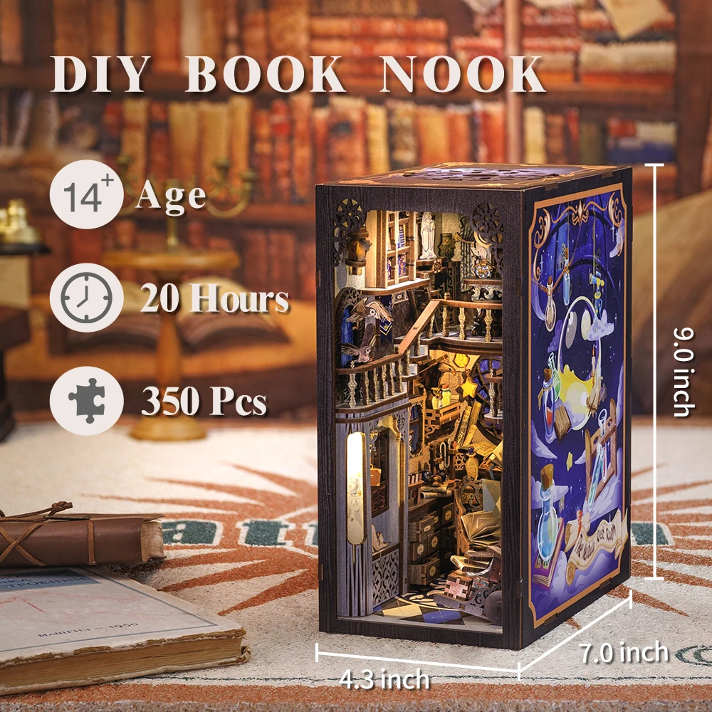 Kit d'insertion d'étagère de coin de livre en bois bricolage, kits de construction miniatures, serre-livres de la série magique, cadeaux d'anniversaire pour adultes